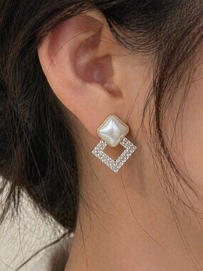 Gold Pearl Rhinestone Drop Earrings Square Statement Elegant Jewelry